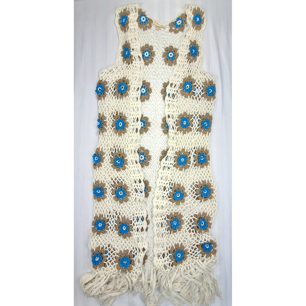 Double Zero Artsy Floral Crochet Duster Vest Cream Blue Brown Fringe Boho Small